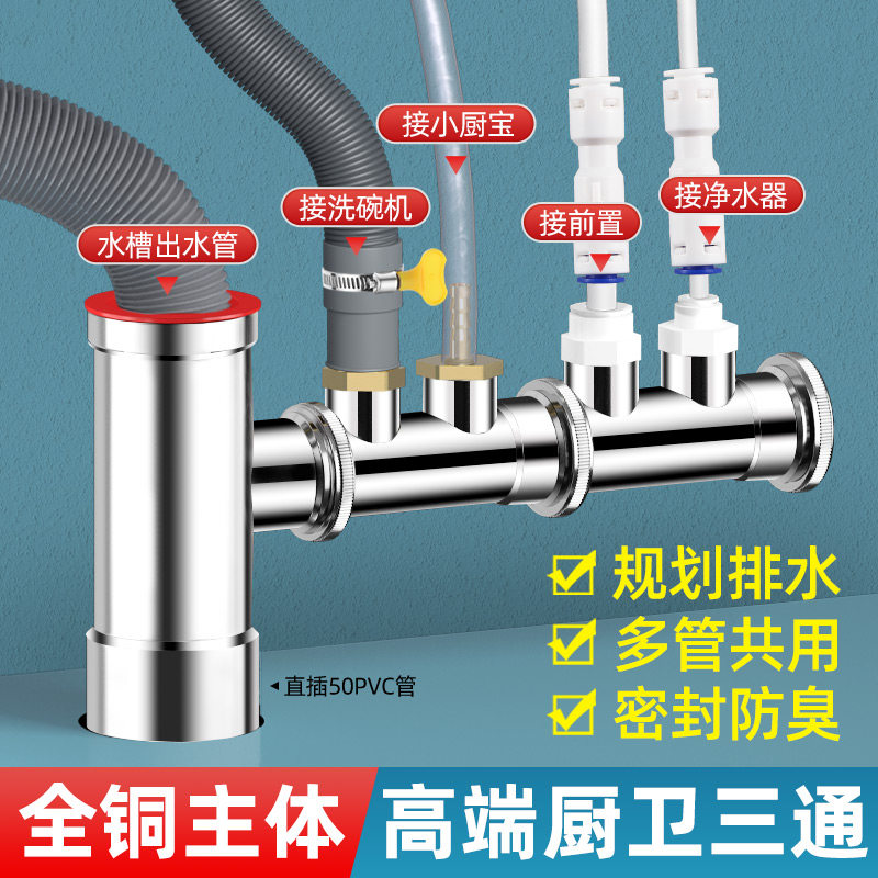 洗碗机下水管全铜三通厨房水槽洗菜盆净水器排水管道防臭分水接头