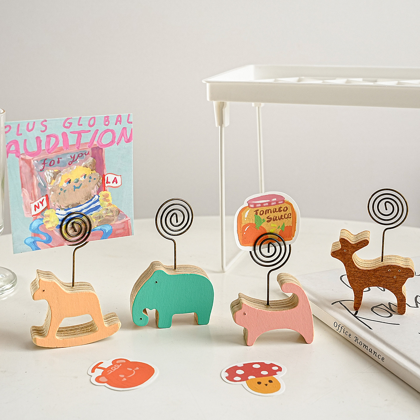 创意动物木质照片夹桌面摆件办公室工位解压相片夹名片夹便签夹