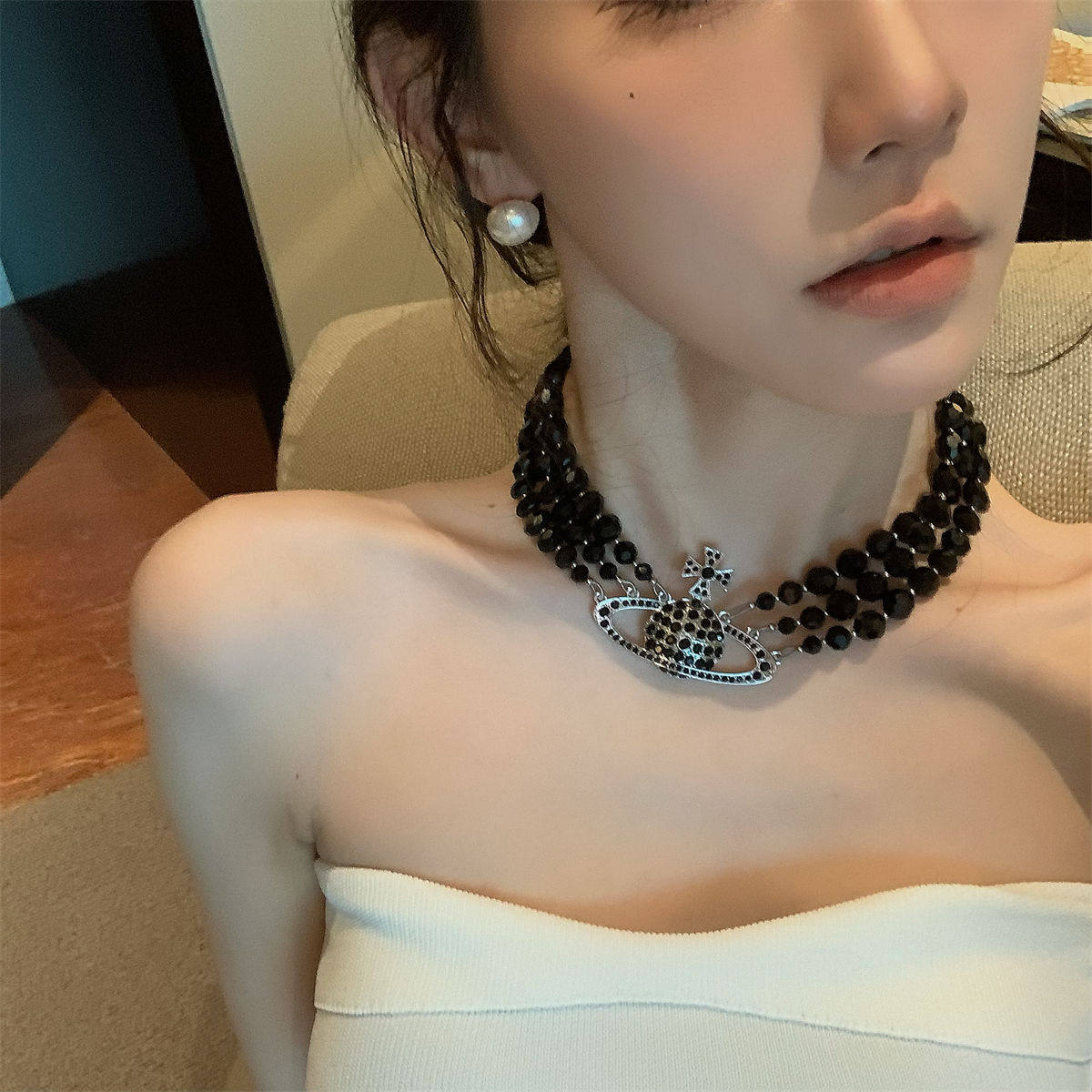 双层珍珠土星项链女秋轻奢叠戴choker颈链礼服配饰多层小众毛衣图片