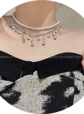 鞠婧祎同款 闪钻水滴流苏珍珠项链女轻奢小众高级气质奢华锁骨链