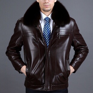 男士皮夹克毛领加绒真冬季中老年好外外套短款翻领带高档加厚皮衣