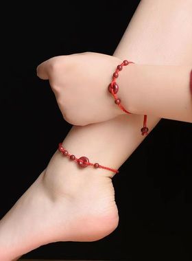 普陀山朱砂平安扣脚链平安顺遂红绳手链女护身本命年编织手绳