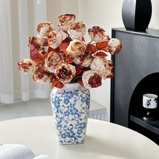 轻奢美拉德泼墨风复古两头仿枯叶玫瑰仿真花烤边假花花束装饰摆件