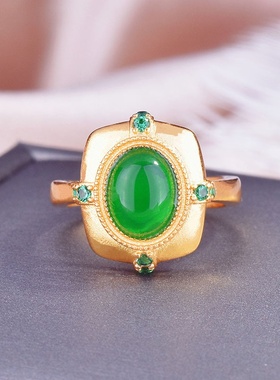 意大利宫廷风布拉提织纹雕金仿玉髓开口戒指古法首饰指环手戒