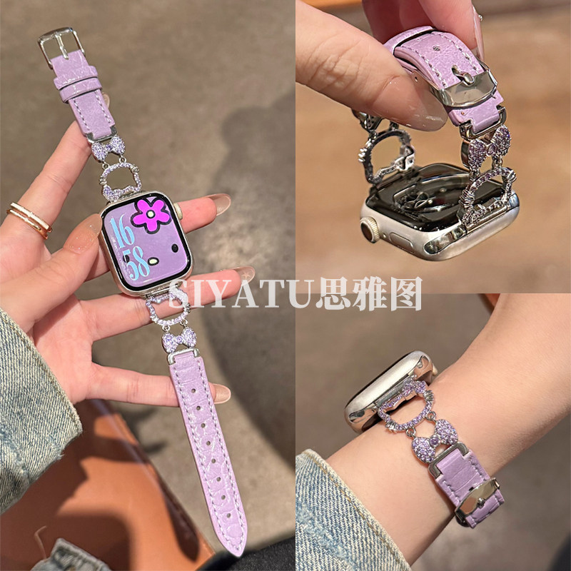 适用小米9pro表带ins闪钻kt猫竹节纹真皮腕带苹果iwatchS11/10/9/8/7代se3女41mm华为Fit43表带D2红米6/5真皮