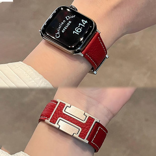适用ApplewatchS10手表带新款荔枝纹H折叠磁吸扣苹果iWatch10/s9/8/7/6/5/4代se真皮质45mm高级42/46mm表带
