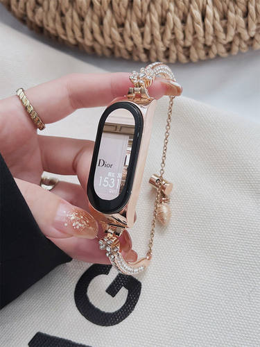 适小米8手环四叶草镶钻金属表链