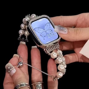 适用红米watch3青春版表带ins小香风闪钻白珍珠金属链华为fit3表链小米Redmi6/5/4代镶钻米9Pro腕带D2闪钻壳