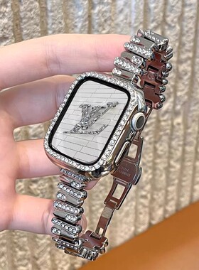 适用华为fit4表带Fit3满镶钻不规则金属表链iwatchS10/9/8/7/6/5代se高级41mm女45mm闪钻壳89Pro腕带红米5/4