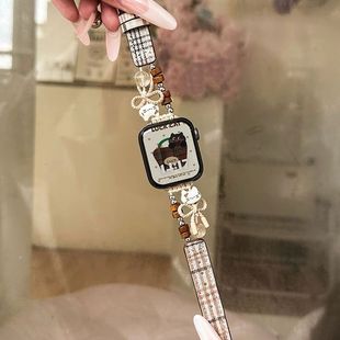 適用華為Fit4表帶fit3新中式 可愛kt貓拼真皮腕帶iwatchS10 6代se2女41mm高級45mm串珠89Pro紅米watch54