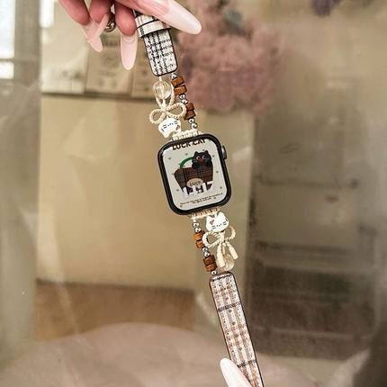 适用华为Fit4表带fit3新中式可爱kt猫拼真皮腕带iwatchS10/9/8/7/6代se2女41mm高级45mm串珠89Pro红米watch54