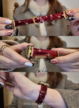 适用红米watch6表带ins秋冬土星扣丝绒星星皮质表带iwatchS11/10/9/8/7代se3女45/41mm华为Fit4新年表带89Pro