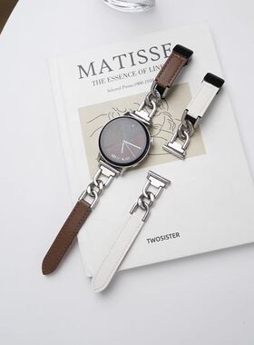 适用华为gt5表带新款牛仔拼链条腕带华为GT4/GT3牛仔金属拼真皮表链watch4/3pro真皮磁吸扣22mm表带41mm女款