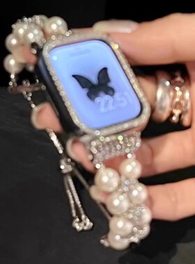 适用小米9Pro手环表带小香风闪钻土星白珍珠金属链小米9/8珍珠表带9Pro镶钻珍珠8Pro金属Fit4/Fit3表带闪钻壳