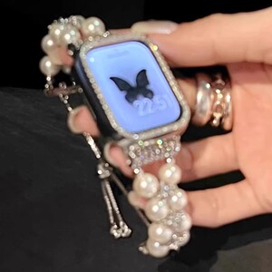 适用小米9Pro手环表带小香风闪钻土星白珍珠金属链小米9/8珍珠表带9Pro镶钻珍珠8Pro金属Fit4/Fit3表带闪钻壳