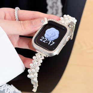 4秋冬iwatchS11 7代se3女4145mm闪钻表带 适用小米9Pro表带ins锆石镶钻蕾丝珍珠铜质表链红米watch6