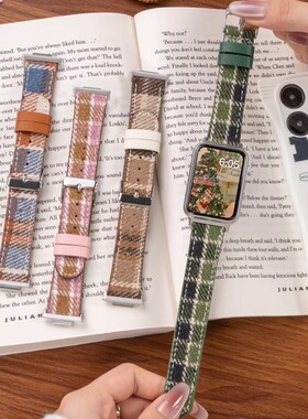 适用小米手环9pro表带圣诞格纹复古皮质表带红米watch5/4/3腕带超纤皮表带秋冬Redmi3青春版高级感小众女腕带