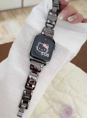适用华为Fit4表带fit3新款kitty猫彩钻金属表链iWatch10/9/8/7/6代se2女41mm高级8/9Pro腕带红米watch5/4镶钻