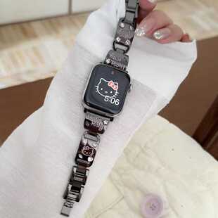 适用华为Fit4表带fit3新款kitty猫彩钻金属表链iWatch10/9/8/7/6代se2女41mm高级8/9Pro腕带红米watch5/4镶钻