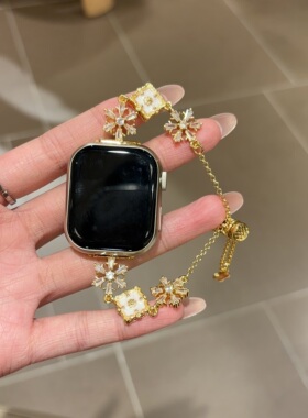 适用小米9Pro表带Fit4闪钻雪花布契拉提伸缩表链iWatchS10/9/8/7/6代se2女41mm高级46mm镶钻红米watch5/4表链