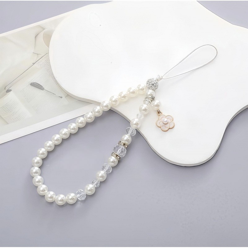 小香风仿珍珠网红富贵山茶花仿珍珠手机链ins轻奢水晶配饰钥匙扣