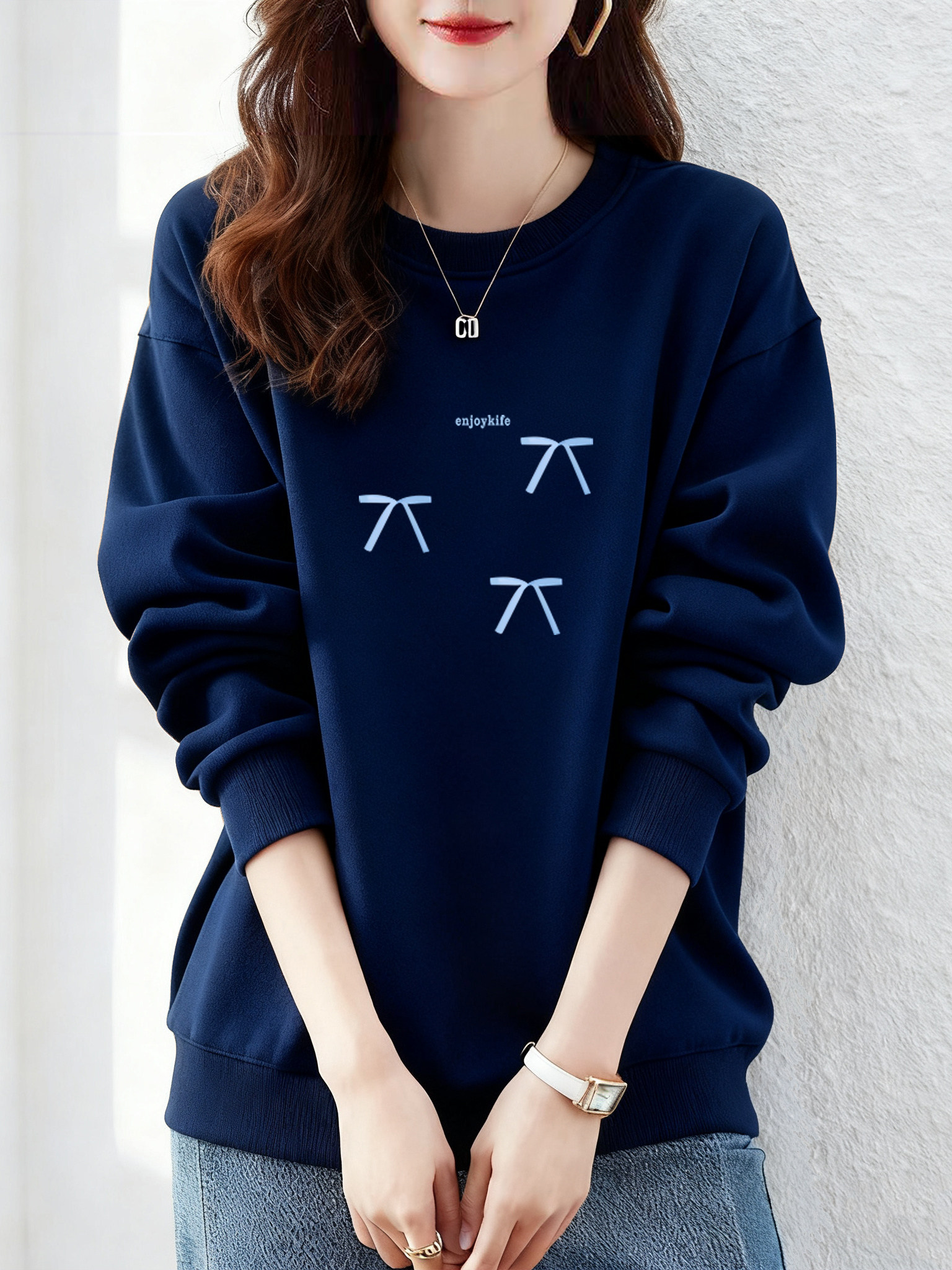 Korean-style new autumn outfit, women's fashionable loose casual long-sleeve round-neck pullover hoodie, 100% cotton outerwear