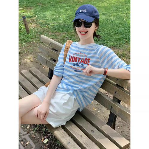 长袖T恤女薄款夏季新款韩宽松蓝色条纹上衣打底衫潮0707e