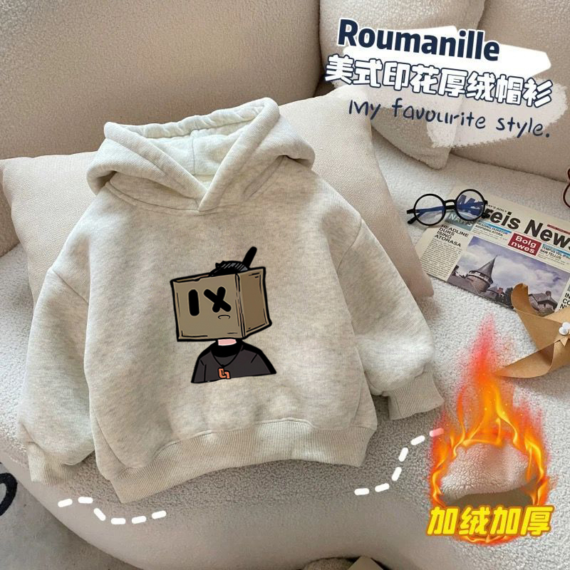100%纯棉男童加绒加厚连帽卫衣秋冬新款小孩儿童宝宝卡通印花上衣