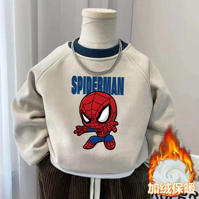 纯棉男童加绒加厚插肩拼色卫衣秋冬新款儿童宝宝卡通洋气保暖上衣