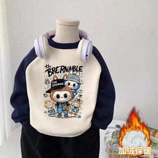 100%纯棉男童拼色加绒加厚卫衣秋冬新款中小儿童宝宝洋气卡通上衣