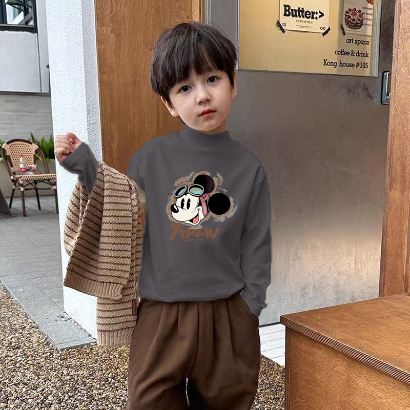 男童德绒半高领长袖T恤2025秋冬新款儿童宝宝卡通动漫印花打底衫