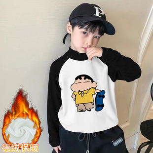 儿童宝宝休闲卡通保暖上衣 新款 男童德绒半高领长袖 T恤2025秋冬季