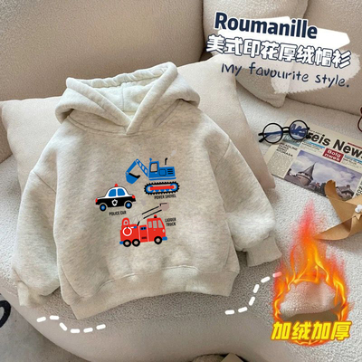 纯棉男童加绒加厚连帽卫衣2025秋冬新款中小儿童宝宝卡通印花上衣