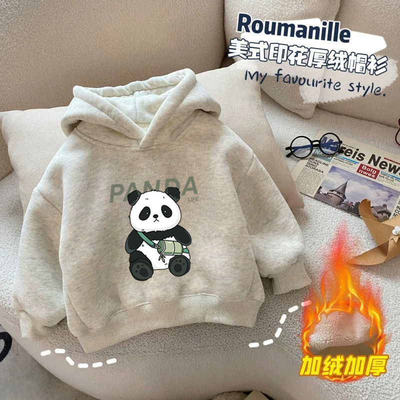 纯棉男童加绒加厚连帽卫衣2025秋冬新款中小儿童宝宝卡通印花上衣