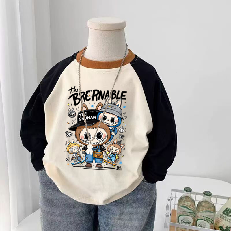 100%纯棉男童拼接长袖T恤2025春秋新款中小儿童宝宝卡通洋气上衣