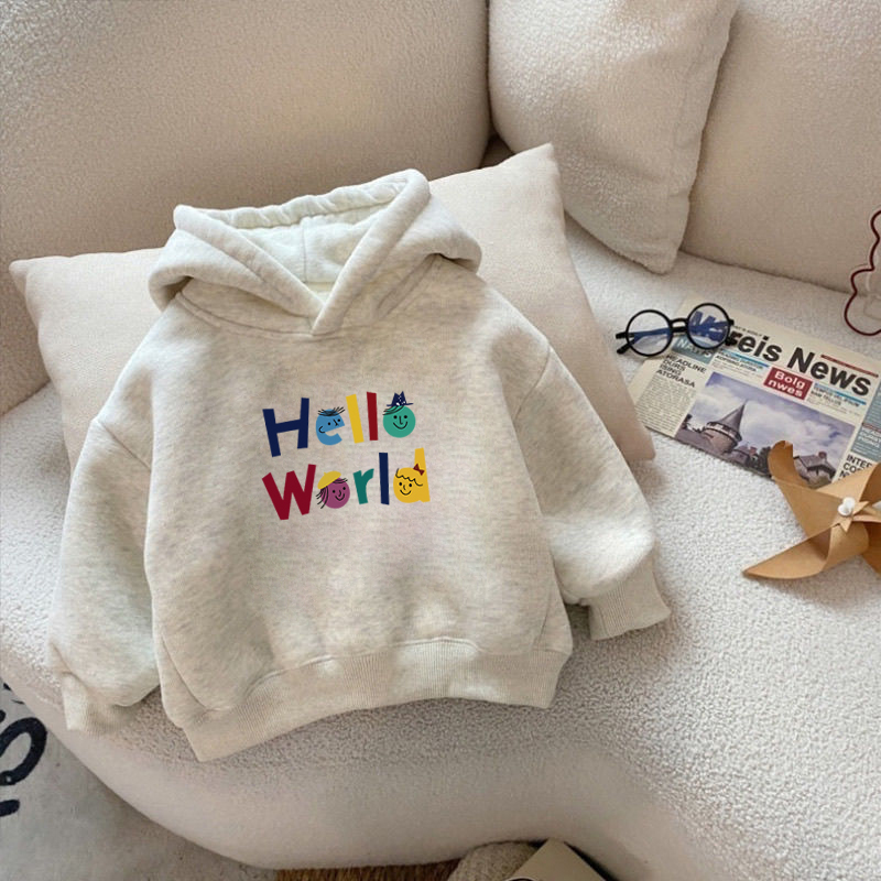 100%纯棉男童加绒加厚连帽卫衣秋冬新款中小儿童宝宝百搭印花上衣