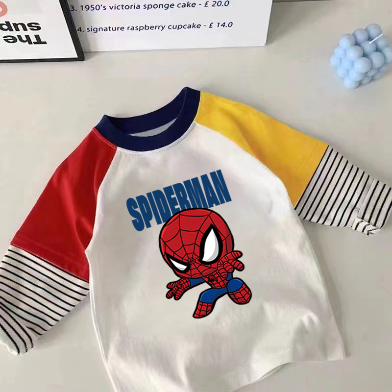 100%纯棉男童拼接条纹长袖T恤春秋新款儿童宝宝洋气百搭休闲上衣