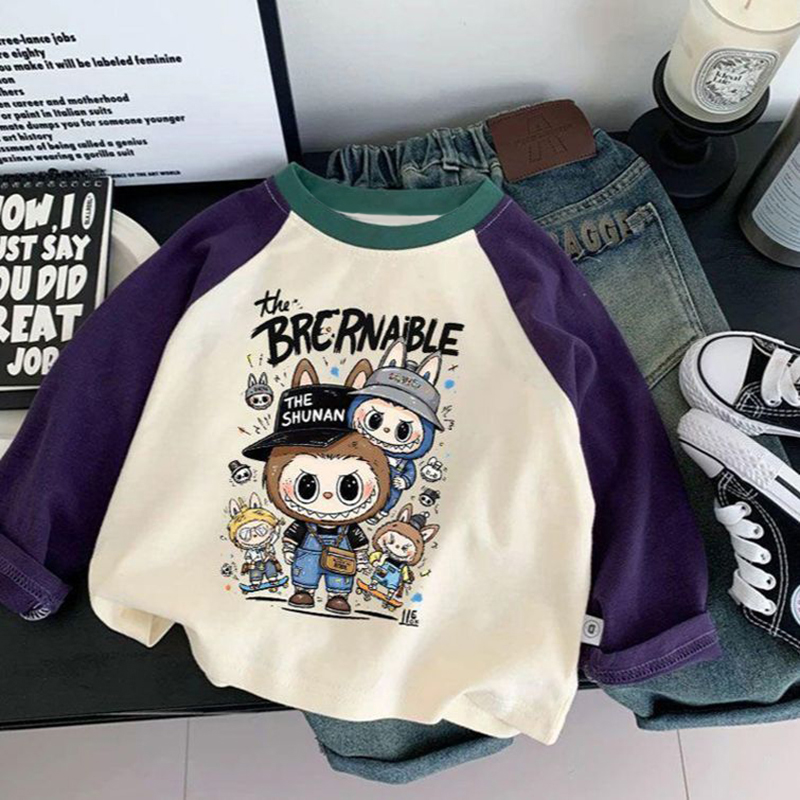 100%纯棉男童拼接长袖T恤2025春秋新款中小儿童宝宝休闲帅气上衣