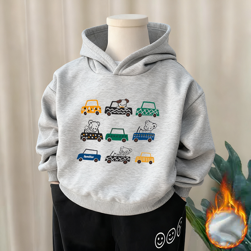 100%纯棉男童加绒加厚连帽卫衣秋冬新款中小儿童宝宝休闲印花上衣