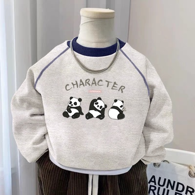 100%纯棉男童加绒加厚圆领卫衣2025秋冬新款儿童宝宝帅气印花上衣