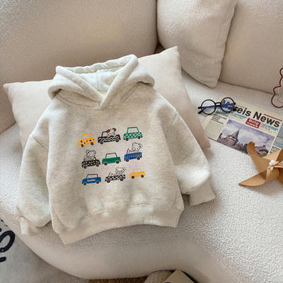 100%纯棉男童加绒加厚连帽卫衣秋冬新款中小儿童宝宝休闲印花上衣