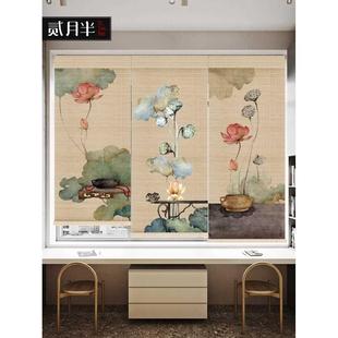 竹帘子禅意隔断帘复古荷花卷帘升降遮光遮阳帘窗帘子装 中式 饰挂帘