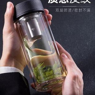 车载商务茶杯家用隔热大容量杯子男生皮纹水杯 万象双层玻璃杯男士