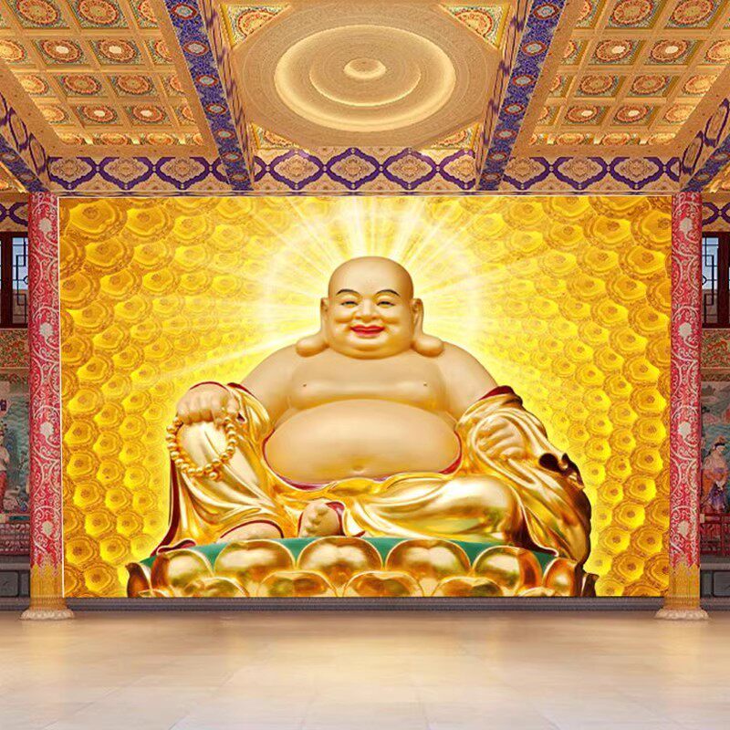 金色弥勒佛壁纸笑佛招财进宝墙布佛像佛图装饰鎏金佛像祖壁画定制