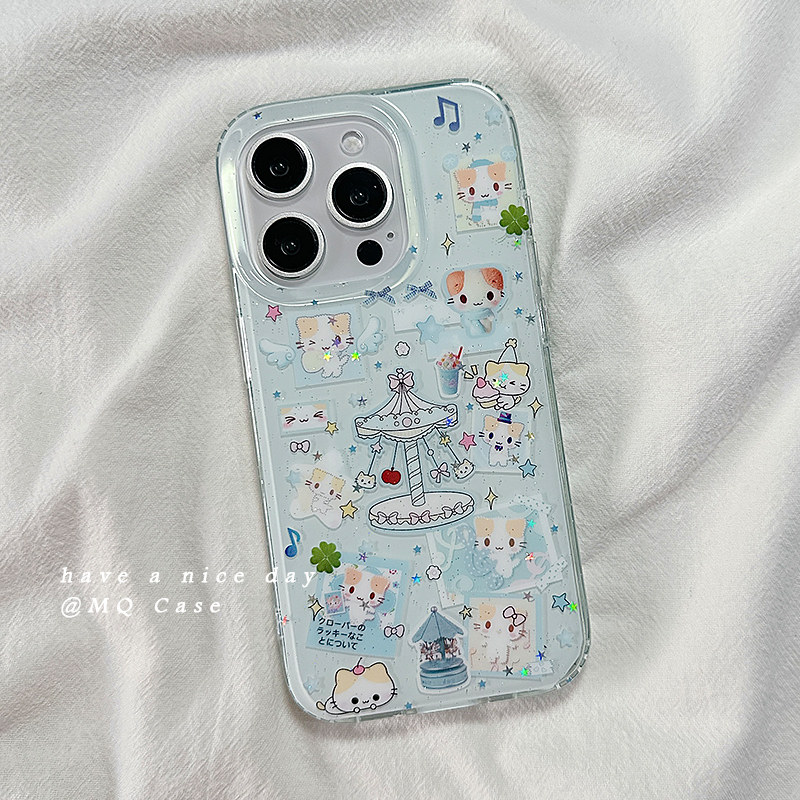 ins超好看可爱小猫适用苹果16Promax手机壳iPhone15新款13高级感14保护套防摔硅胶16Pro全包女款蓝色双层软外