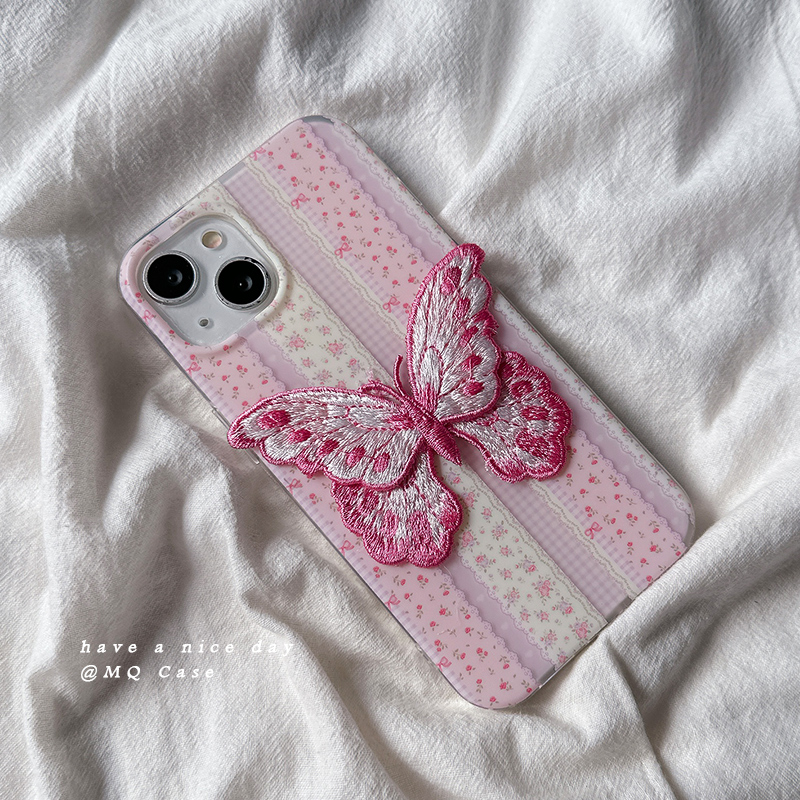 ins韩系仙女刺绣蝴蝶适用苹果16Promax手机壳iPhone15Promax新款13高级感14保护套防摔硅胶全包创意粉色女软