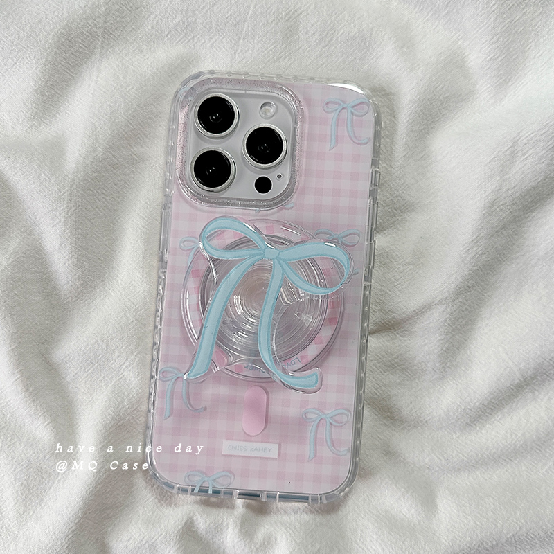 简约格纹蝴蝶结适用苹果16手机壳iPhone15Promax新款13/14高级感16promax保护套硅胶全包创意磁吸带支架女软p