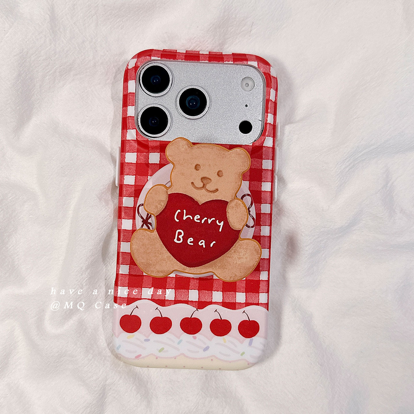 少女心红色格纹樱桃适用苹果17手机壳iPhone17Promax新款16高级感15保护套13硅胶14防摔全包带磁吸支架女软pm