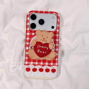 少女心红色格纹樱桃适用苹果17手机壳iPhone17Promax新款16高级感15保护套13硅胶14防摔全包带磁吸支架女软pm