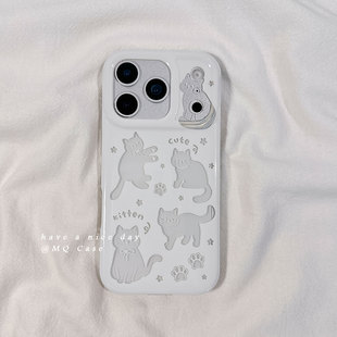 简约镂空小猫咪适用苹果17手机壳iPhone17Promax新款16高级感15保护套13硅胶14防摔全包相机按键女款软壳白色